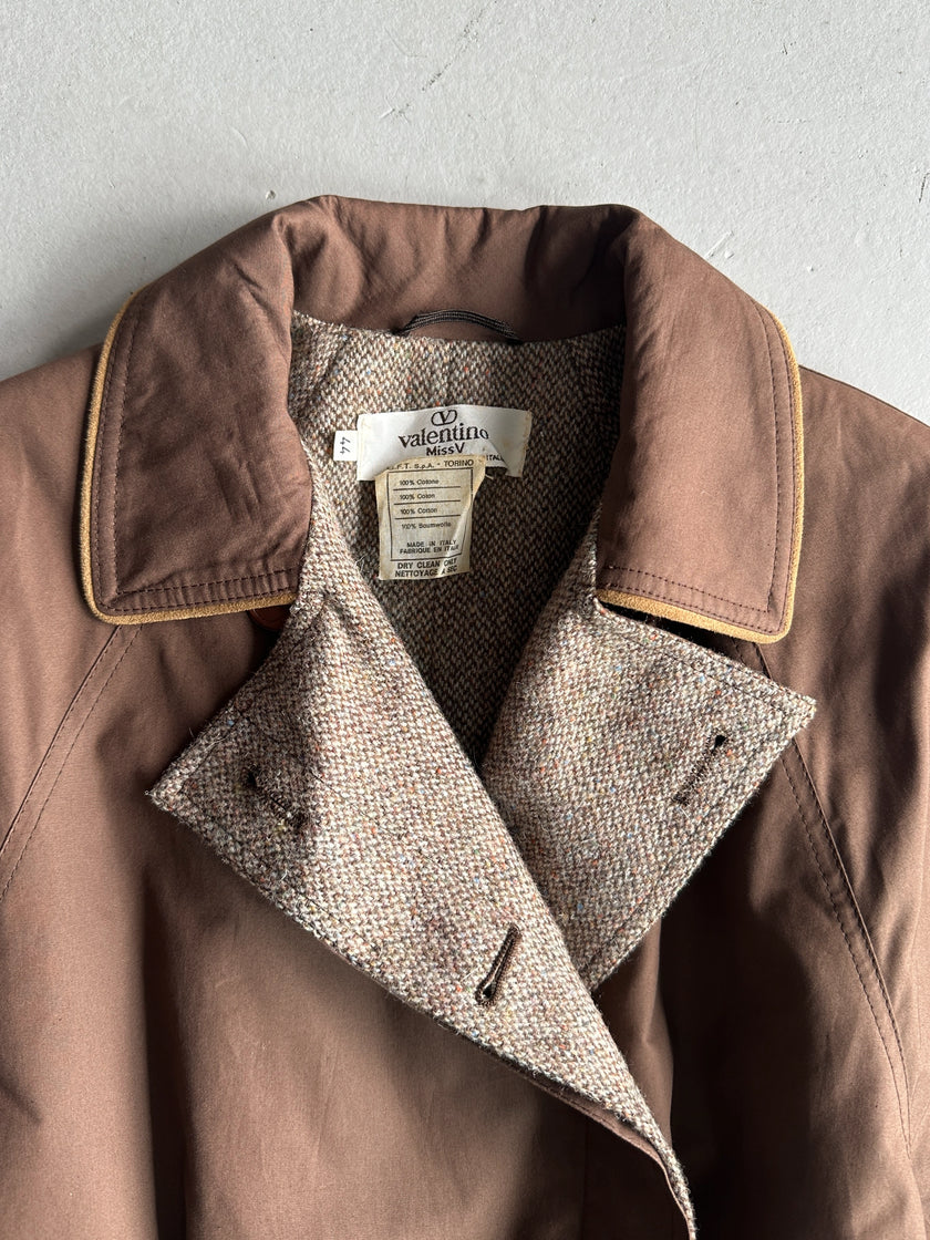 VALENTINO - 1980s BELTED TRENCH COAT WITH CONTRASTING TWEED INTERIOR