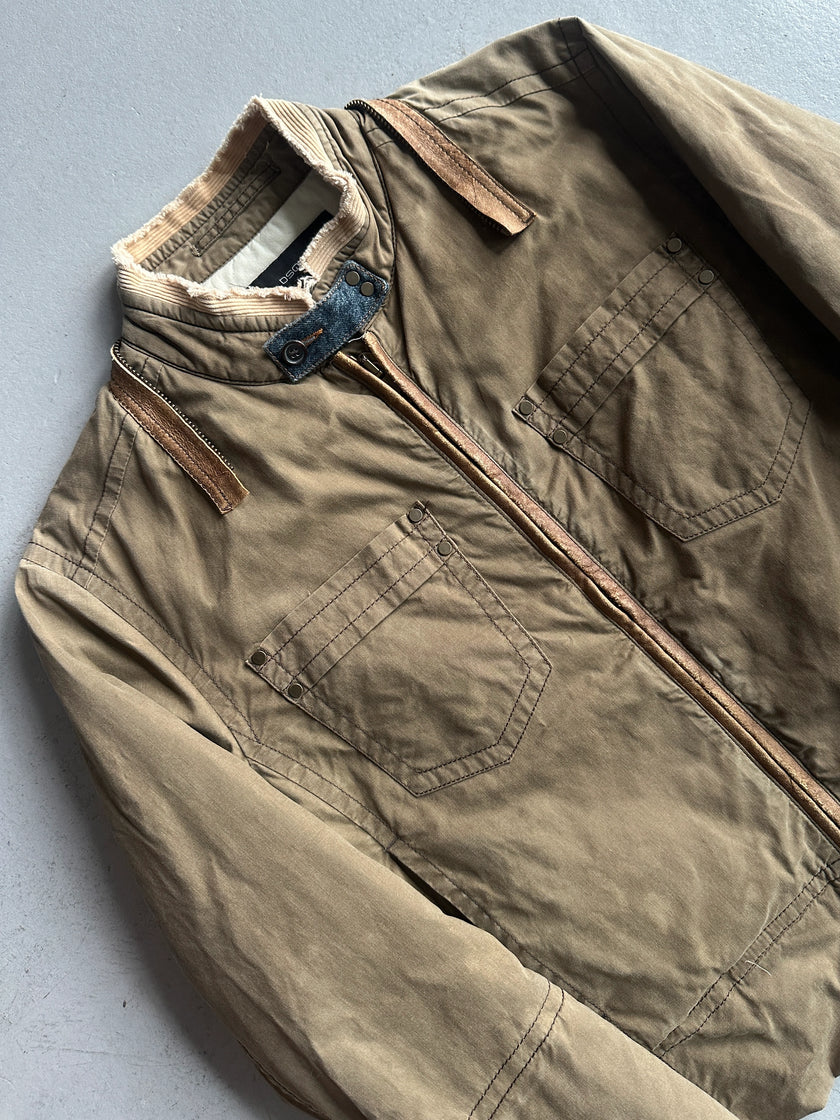 DSQUARED2 - F/W 2002 HOMELESS COLLECTION LAYERED DENIM SLEEVE JACKET WITH LEATHER DETAILS