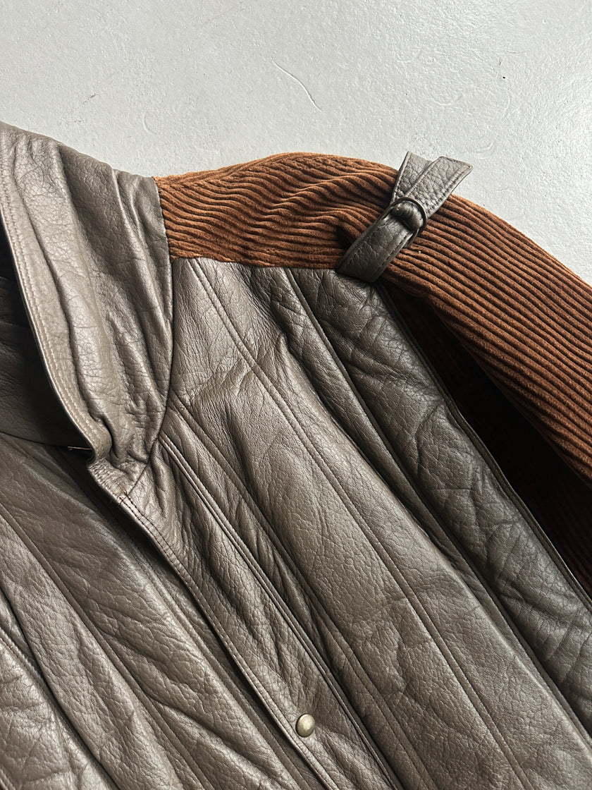 1980s OVERSIZED LEATHER BOMBER JACKET WITH CORDUROY SLEEVE