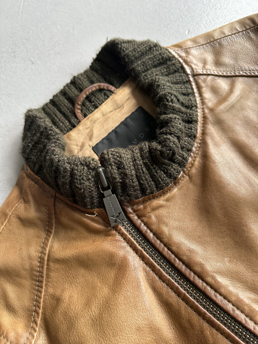 JOHN RICHMOND X - F/W 2005 LEATHER BIKER JACKET WITH KNITTED COLLAR