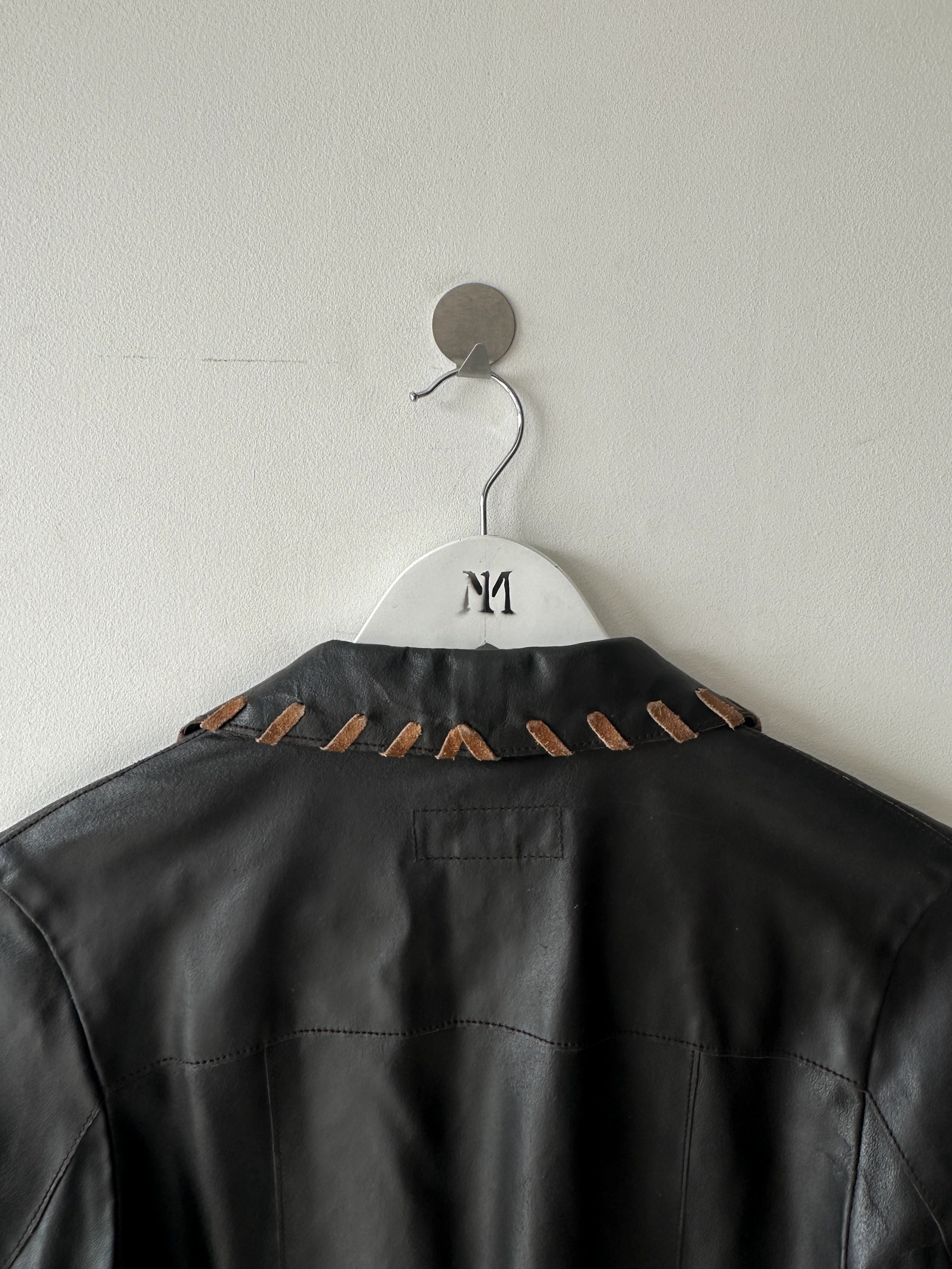 ITALIAN LABEL early 2000s OPEN FRONT LEATHER JACKET WITH WHIPSTITCH DETAILS