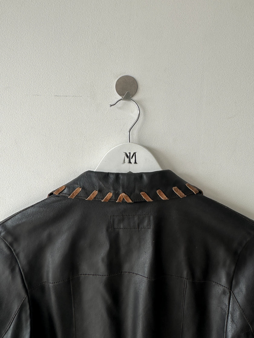 ITALIAN LABEL early 2000s OPEN FRONT LEATHER JACKET WITH WHIPSTITCH DETAILS