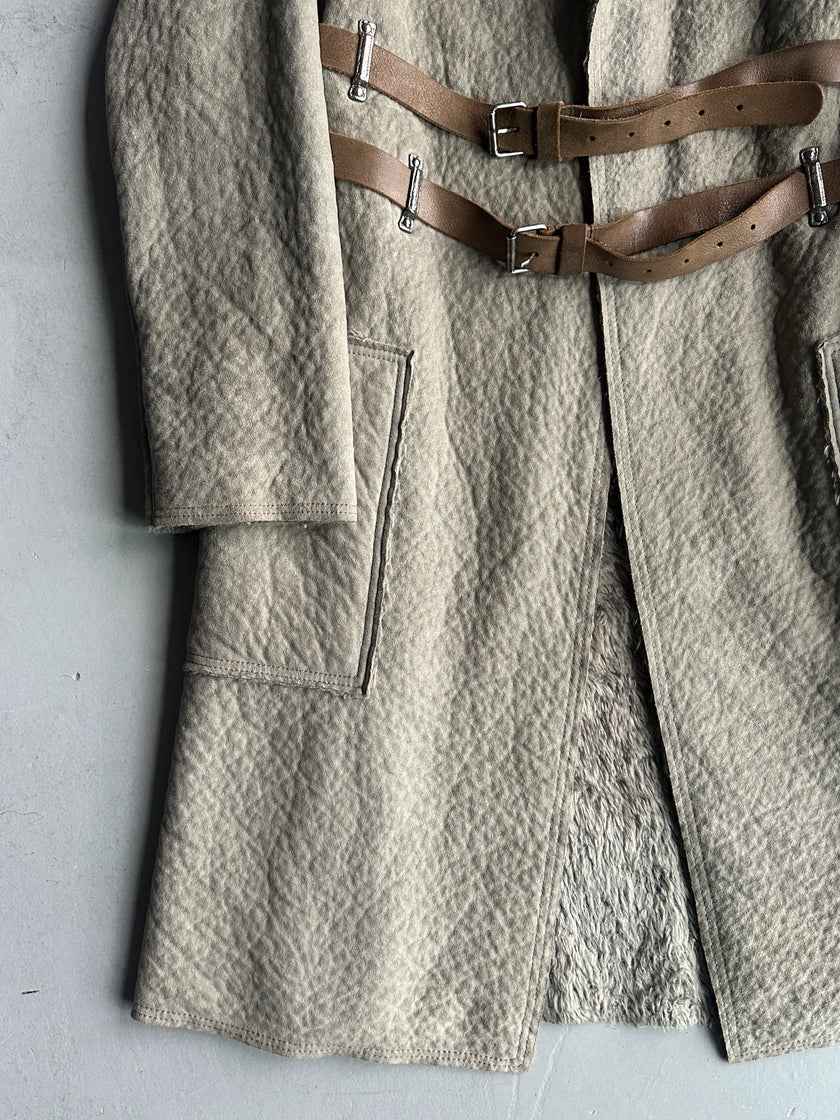 COP COPINE - 2000s RELAXED TEXTURED COAT WITH DOUBLE CROSSED LEATHER BELT