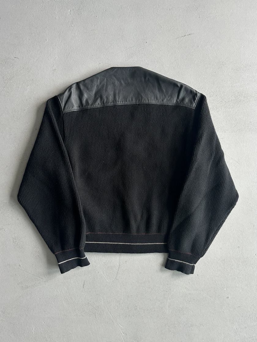 1980s KNITTED CARDIGAN JACKET WITH LEATHER FRONT