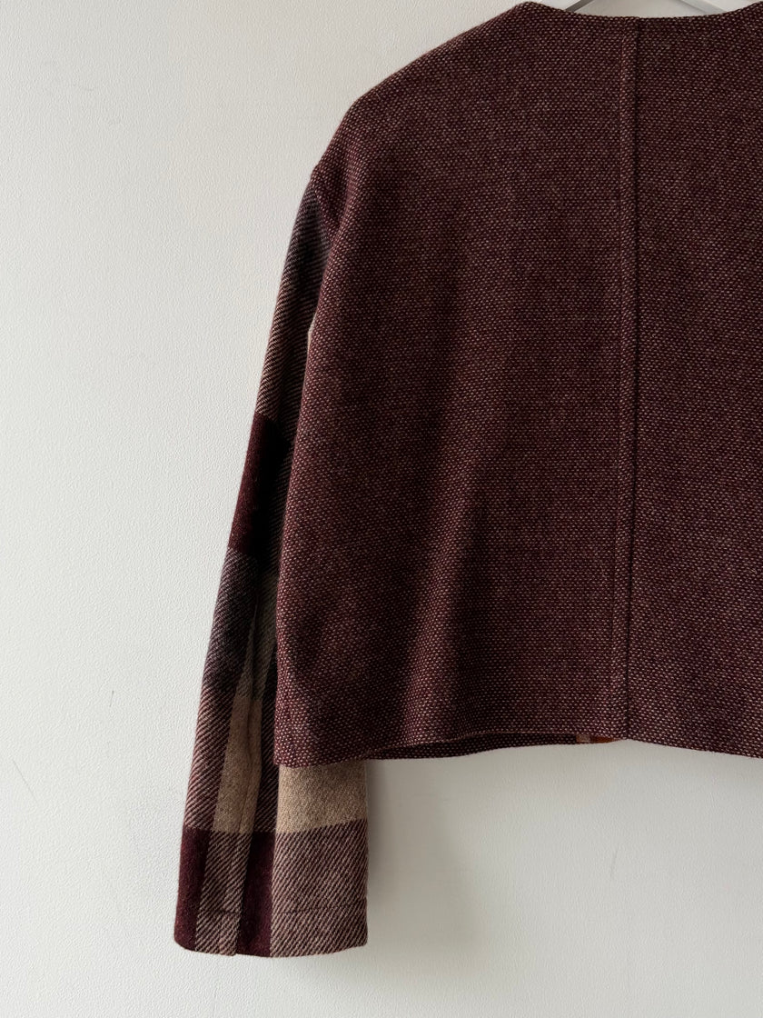 ISSEY MIYAKE HAI - 1980s CROP FIT COLLARLESS WOOL JACKET WITH PLAID DETAILS