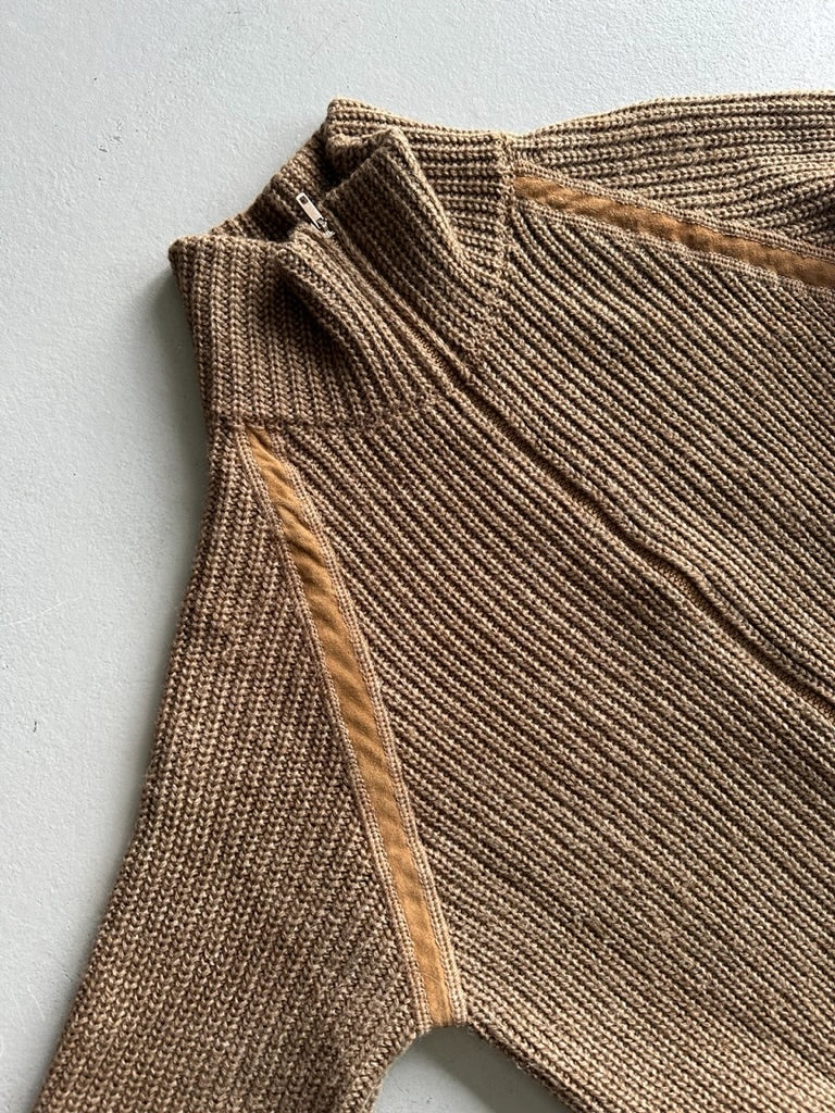 1980s CHUNKY KNIT ZIPPED CARDIGAN WITH SUEDE DETAILS