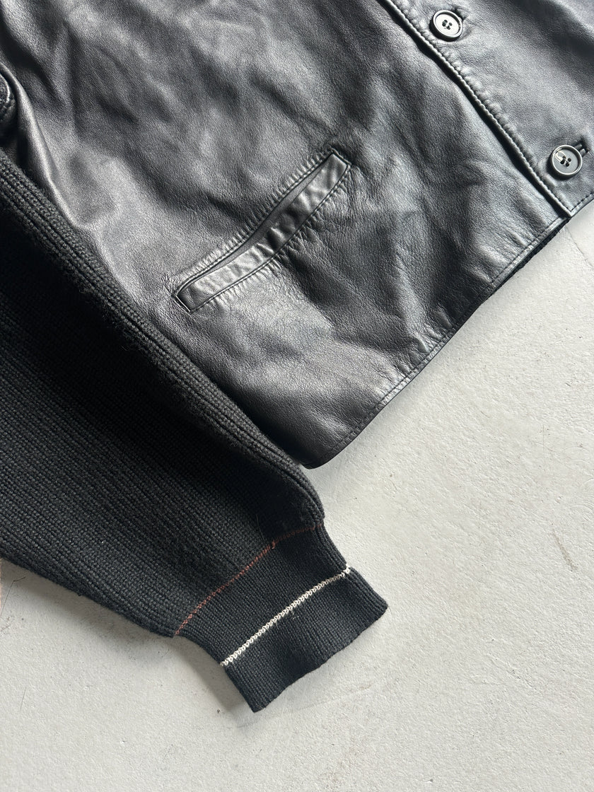 1980s KNITTED CARDIGAN JACKET WITH LEATHER FRONT