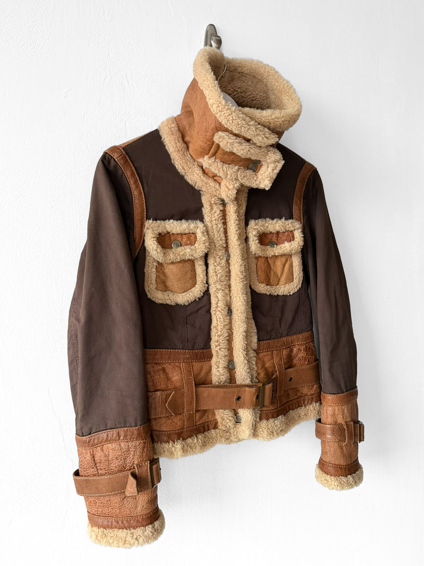 ITALIAN LABEL 1980s PANELLED JACKET WITH LEATHER PANELS AND SHEARLING COLLAR AND TRIMS