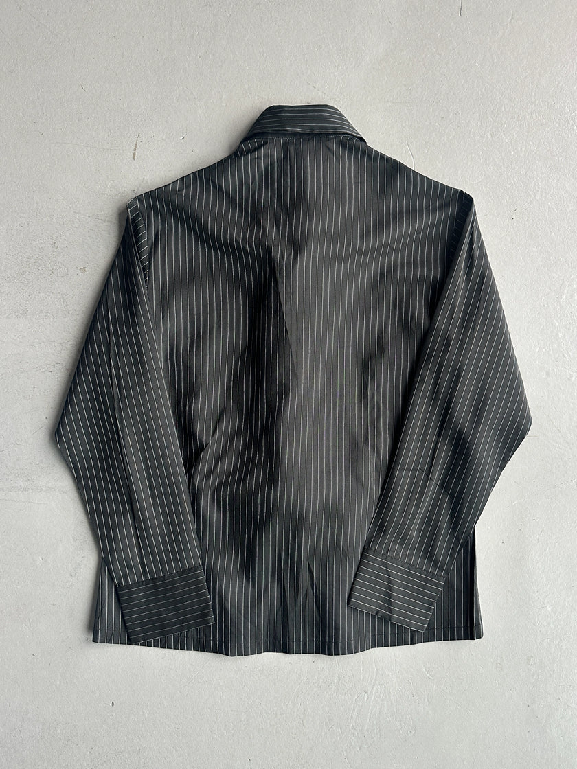 YOHJI YAMAMOTO - S/S 2003 PINSTRIPED SILK SHIRT WITH FLORAL RUFFLE DETAIL AT FRONT