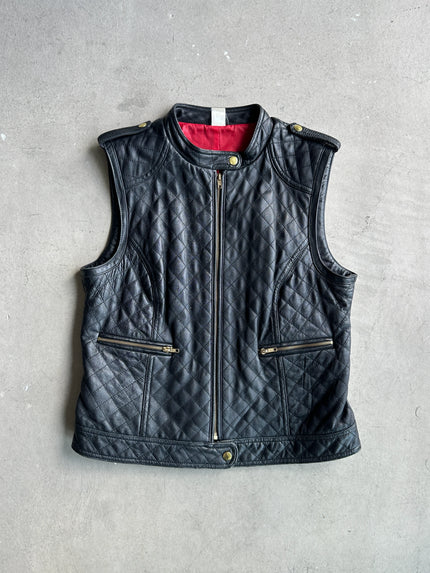 1990s QUILTED LEATHER VEST GILET WITH ZIPPED POCKETS