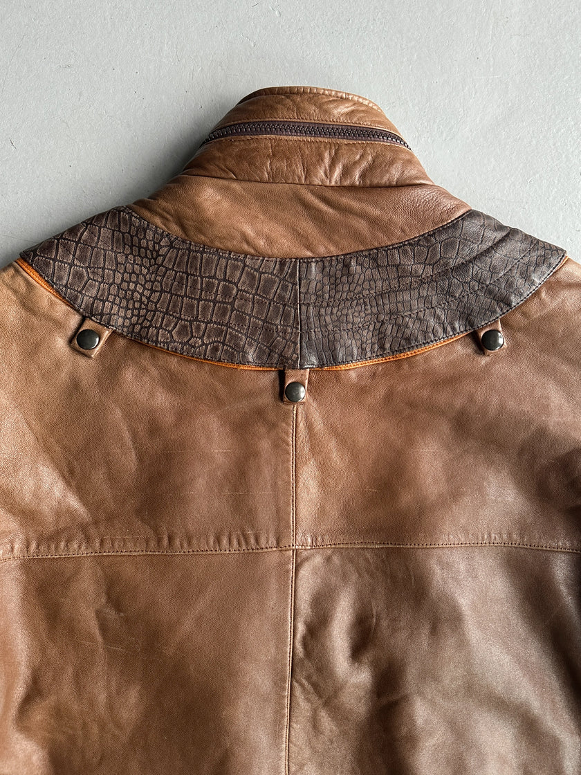 1990s PANELED BOMBER LEATHER JACKET WITH CROCODILE PRINT YOKE