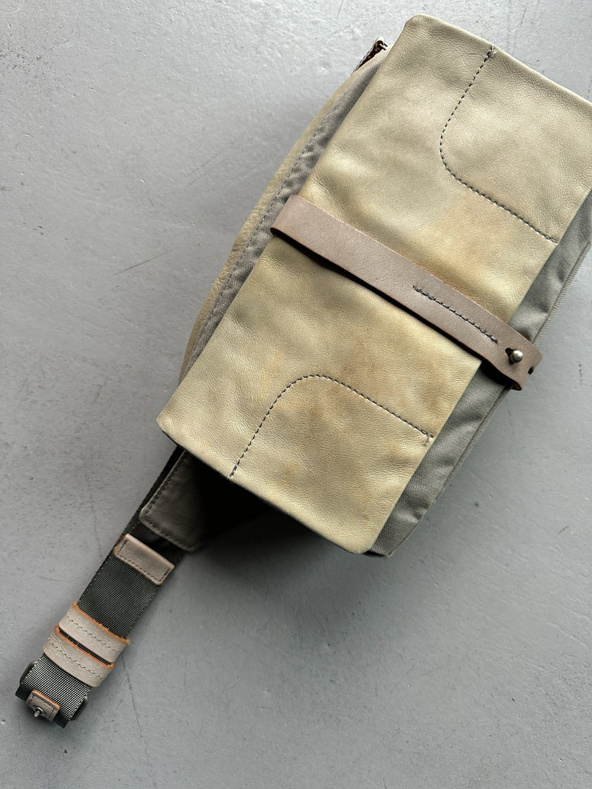 YOHJI YAMAMOTO Y'SACCS - 1990s RECTANGULAR BUM BAG WITH DISTRESSED LEATHER FRONT PANEL