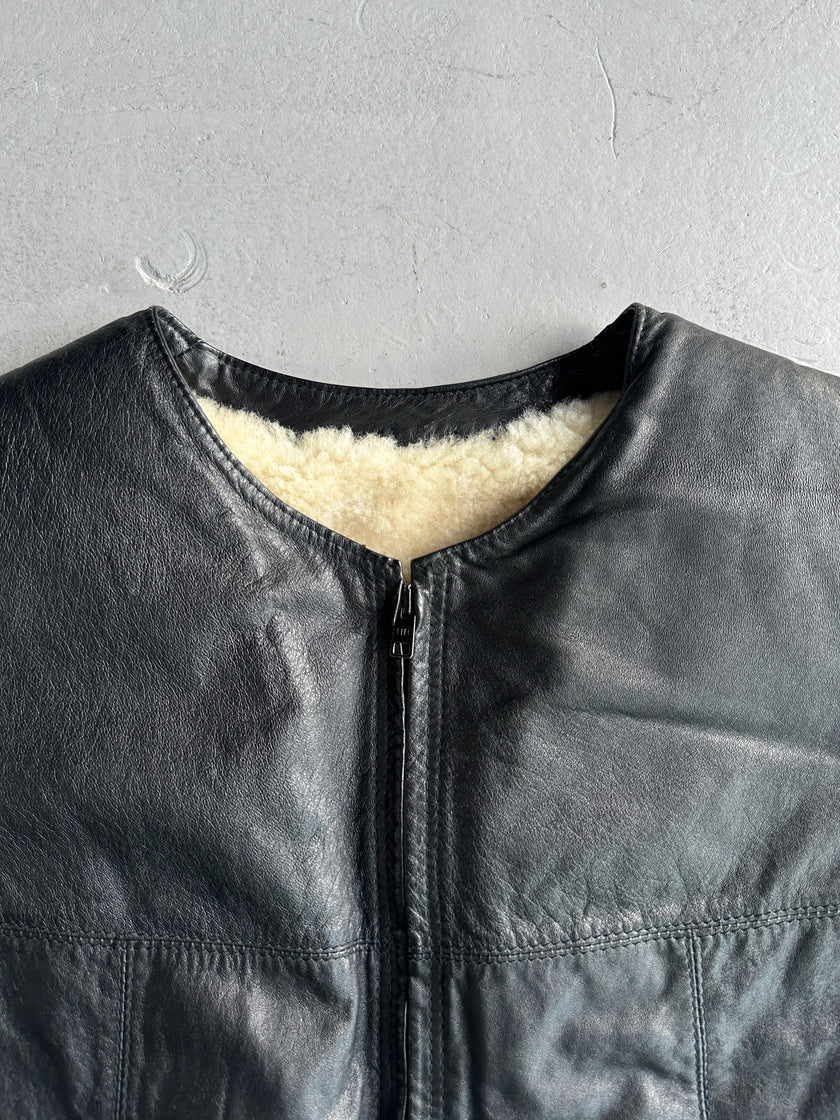 1990s REAL SHEARLING LEATHER VEST GILET JACKET