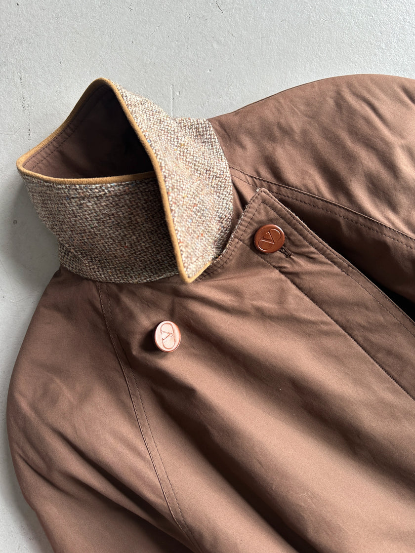 VALENTINO - 1980s BELTED TRENCH COAT WITH CONTRASTING TWEED INTERIOR