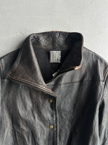 ITALIAN LABEL early 2000s DISTRESSED LEATHER JACKET WITH BONDAGE SLEEVE