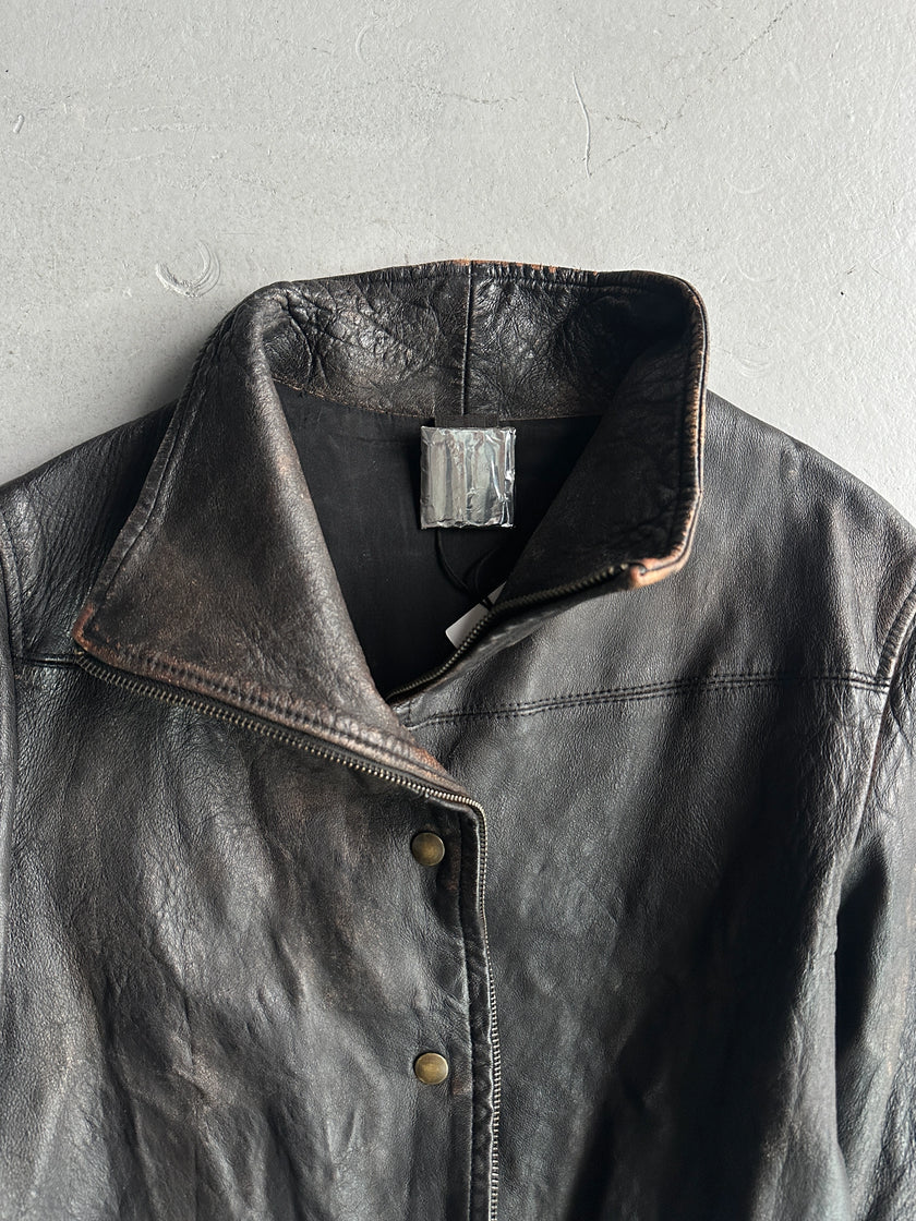 ITALIAN LABEL early 2000s DISTRESSED LEATHER JACKET WITH BONDAGE SLEEVE
