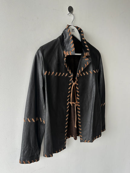 ITALIAN LABEL early 2000s OPEN FRONT LEATHER JACKET WITH WHIPSTITCH DETAILS