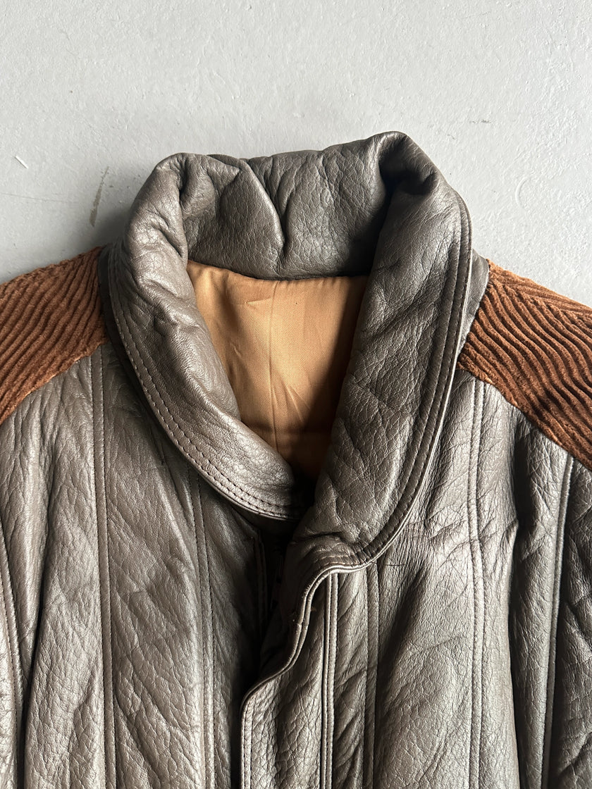 1980s OVERSIZED LEATHER BOMBER JACKET WITH CORDUROY SLEEVE