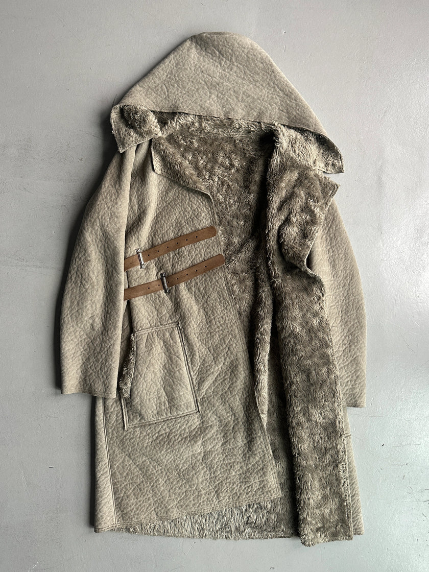 COP COPINE - 2000s RELAXED TEXTURED COAT WITH DOUBLE CROSSED LEATHER BELT