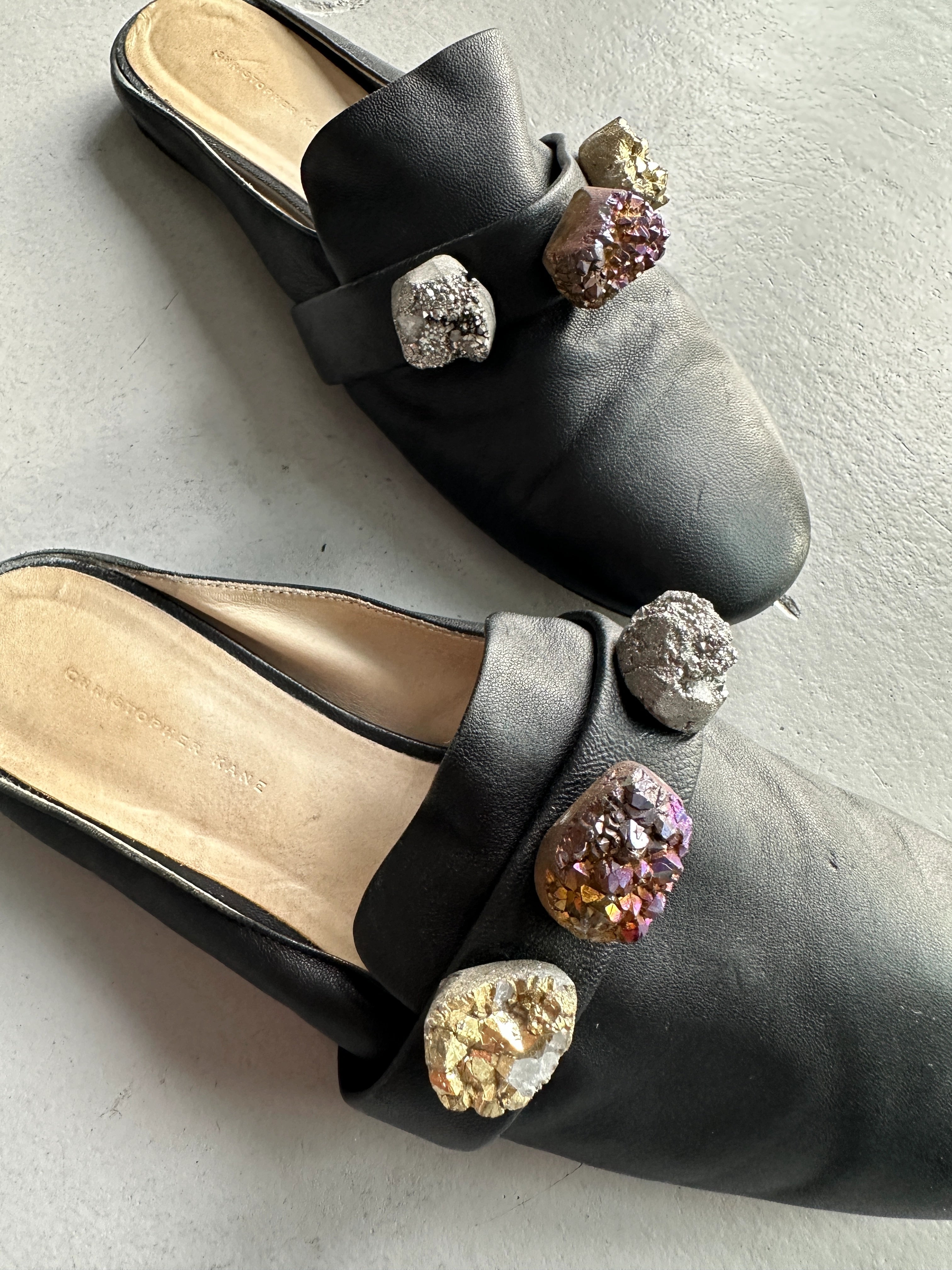 CHRISTOPHER KANE - S/S 2017 LEATHER SLIP ON MULES WITH OVERSIZED CRYSTALS