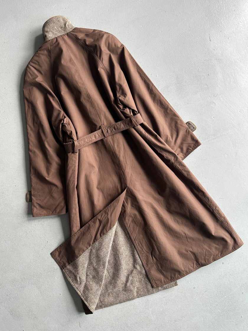 VALENTINO - 1980s BELTED TRENCH COAT WITH CONTRASTING TWEED INTERIOR