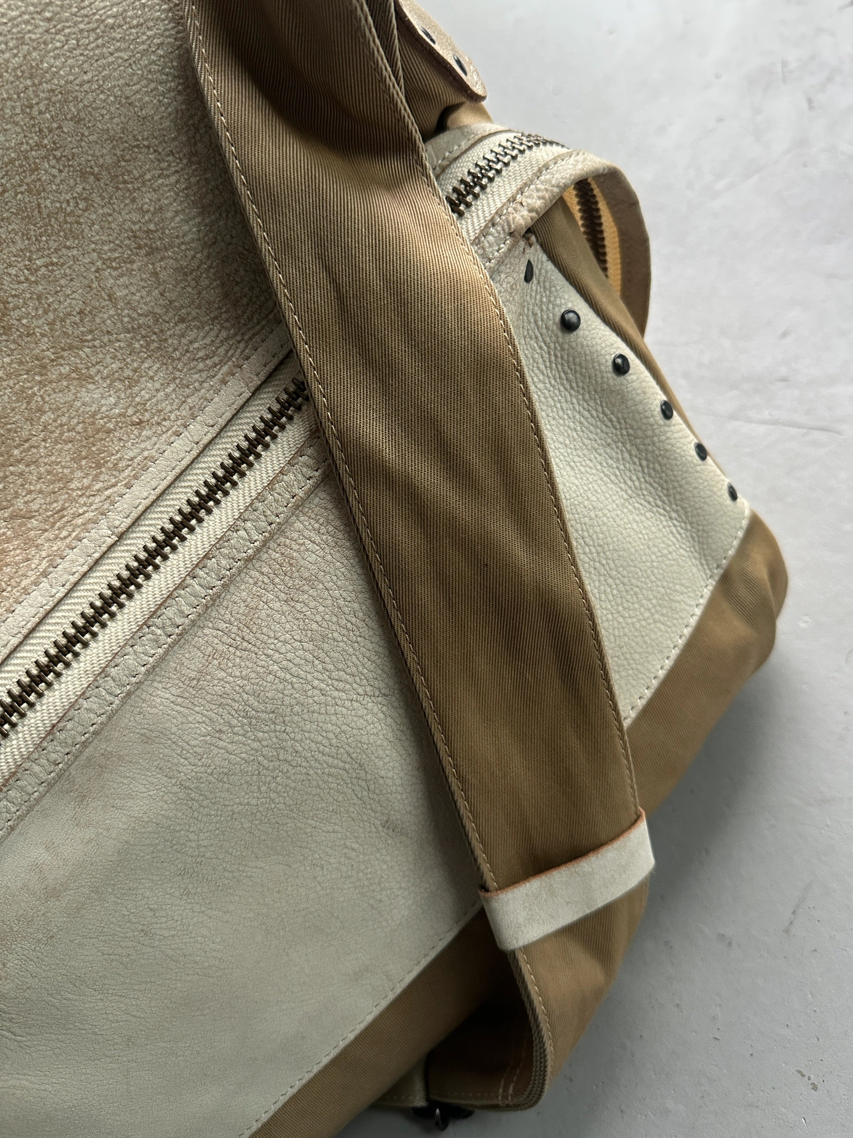 YOHJI YAMAMOTO Y'SACCS - 1990s RECTANGULAR MESSENGER BAG WITH DISTRESSED LEATHER FRONT PANEL