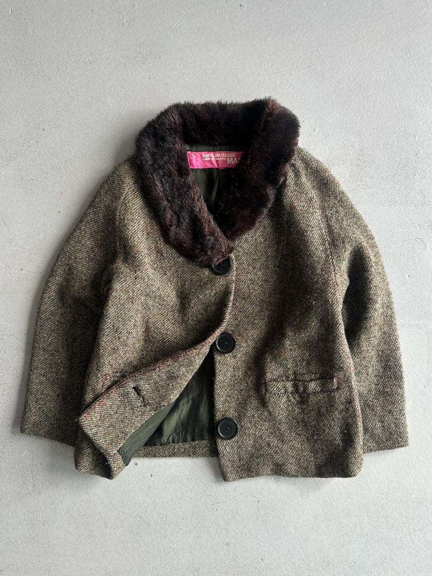 JUNYA WATANABE COMME DES GARÇONS MAN - A/W 2004 FUR COLLAR TWEED BLAZER WITH OVERSIZED BUTTONS