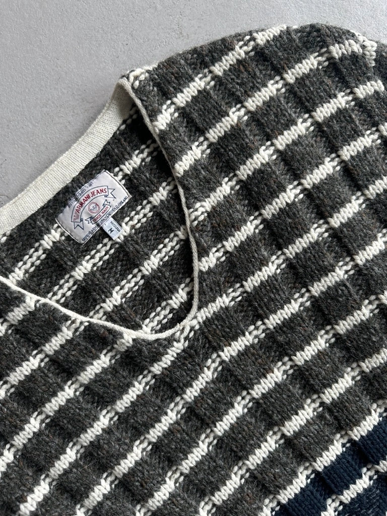 ARMANI JEANS - 1990s CHUNKY KNIT JUMPER WITH LOGO EMBROIDERED FRONT