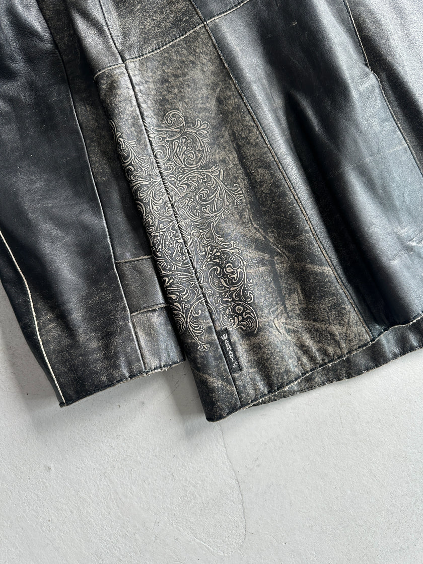 ARMANI JEANS - 1990s DISTRESSED LEATHER ORNAMENTAL PRINTS JACKET