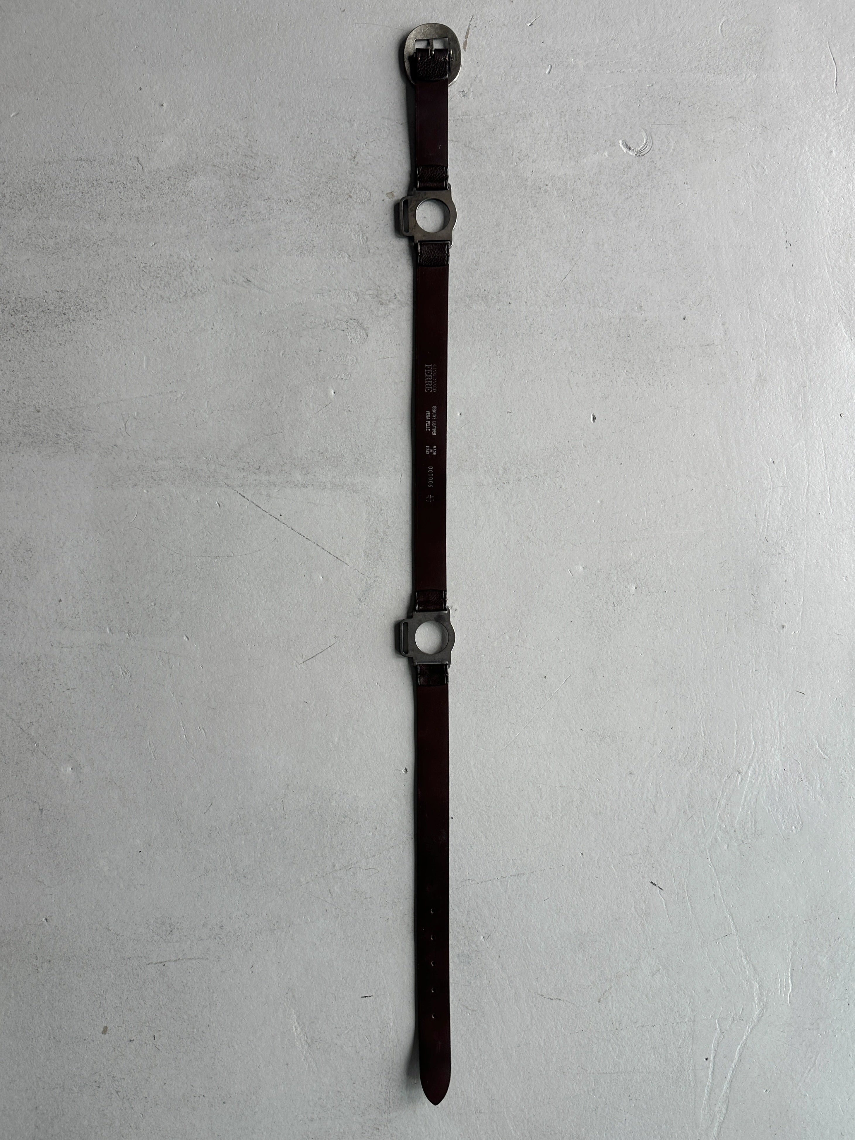 GIANFRANCO FERRÉ - 1990s LEATHER BELT WITH GEOMETRIC METAL CONNECTORS