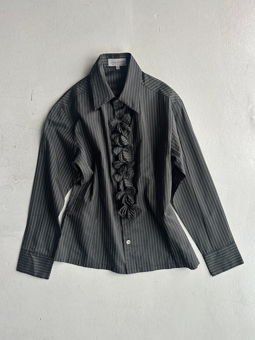 YOHJI YAMAMOTO - S/S 2003 PINSTRIPED SILK SHIRT WITH FLORAL RUFFLE DETAIL AT FRONT