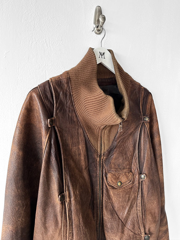 MARITHÉ & FRANÇOIS GIRBAUD X COMPAGNIE DES MONTAGNES & DES FORÊTS - 1980s DISTRESSED LEATHER BOMBER JACKET WITH HIGH RIBBED NECK