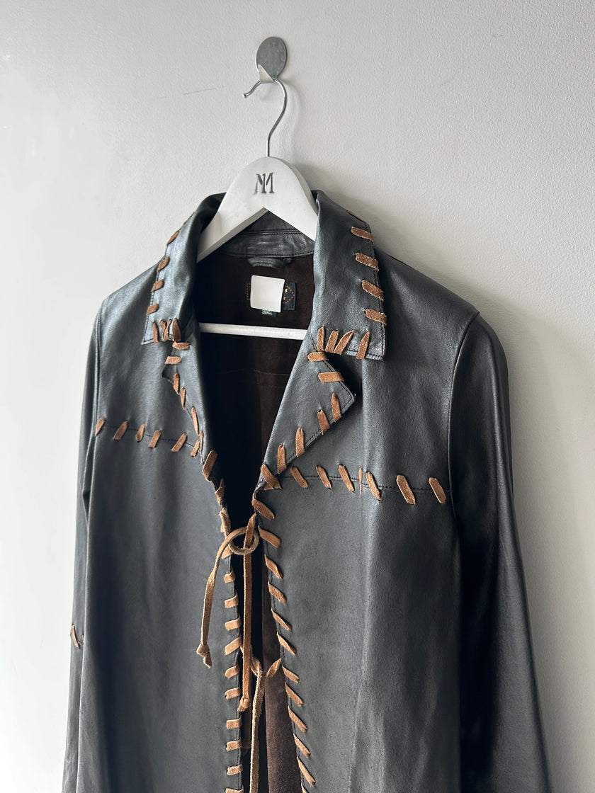 ITALIAN LABEL early 2000s OPEN FRONT LEATHER JACKET WITH WHIPSTITCH DETAILS