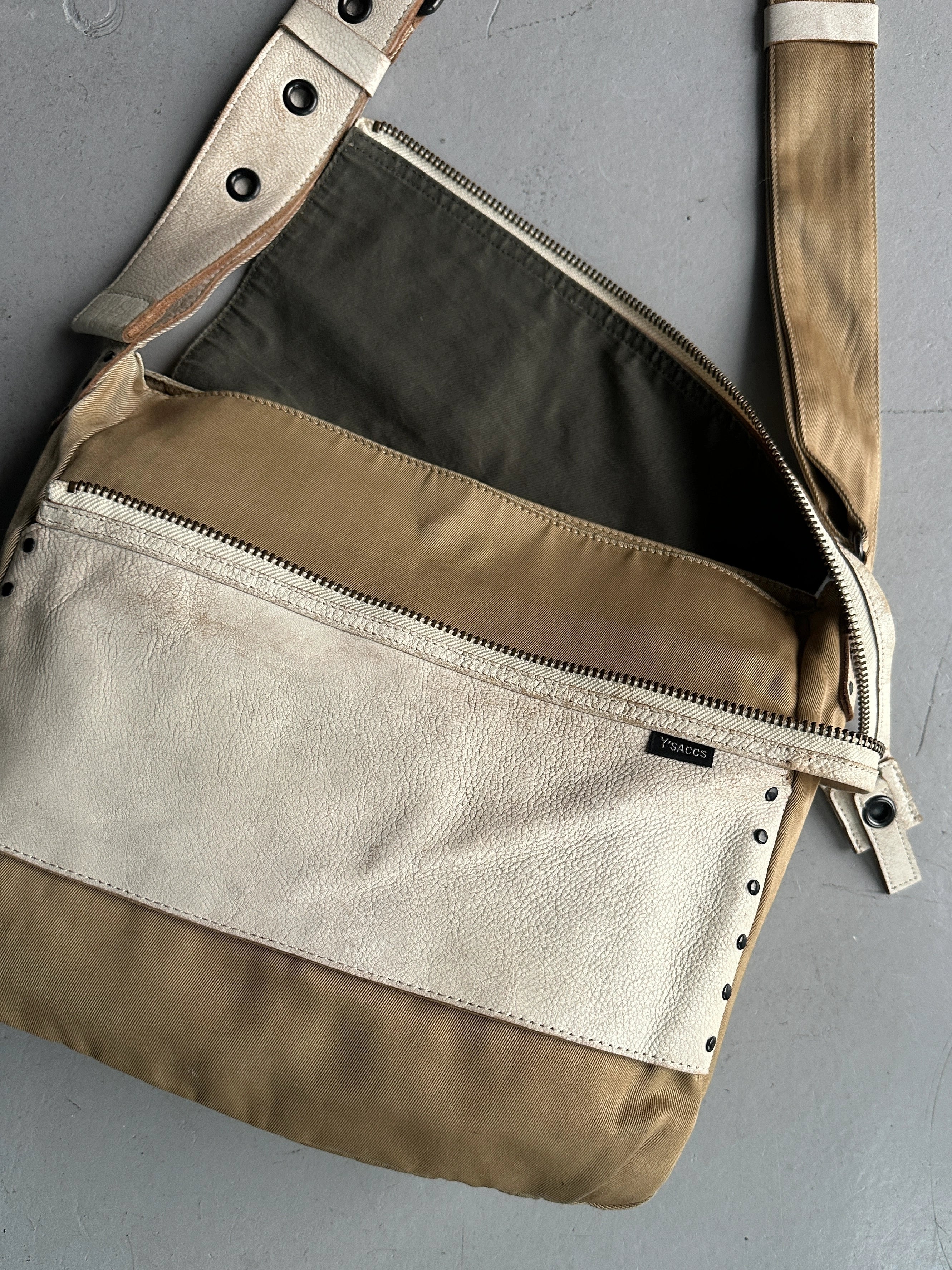 YOHJI YAMAMOTO Y'SACCS - 1990s RECTANGULAR MESSENGER BAG WITH DISTRESSED LEATHER FRONT PANEL