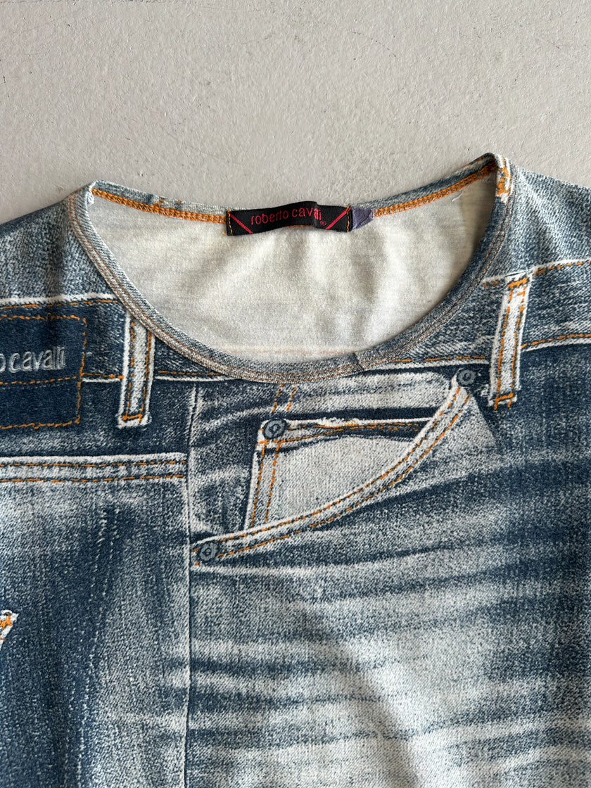 ROBERTO CAVALLI - 2000s DENIM PRINT LONG SLEEVE TOP