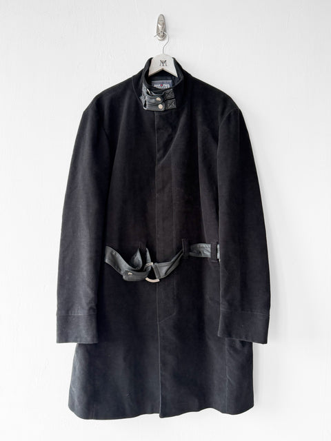 JEAN PAUL GAULTIER - early 2000s VELVET COAT WITH LEATHER STRAP AT COLLAR AND BELTED WAIST