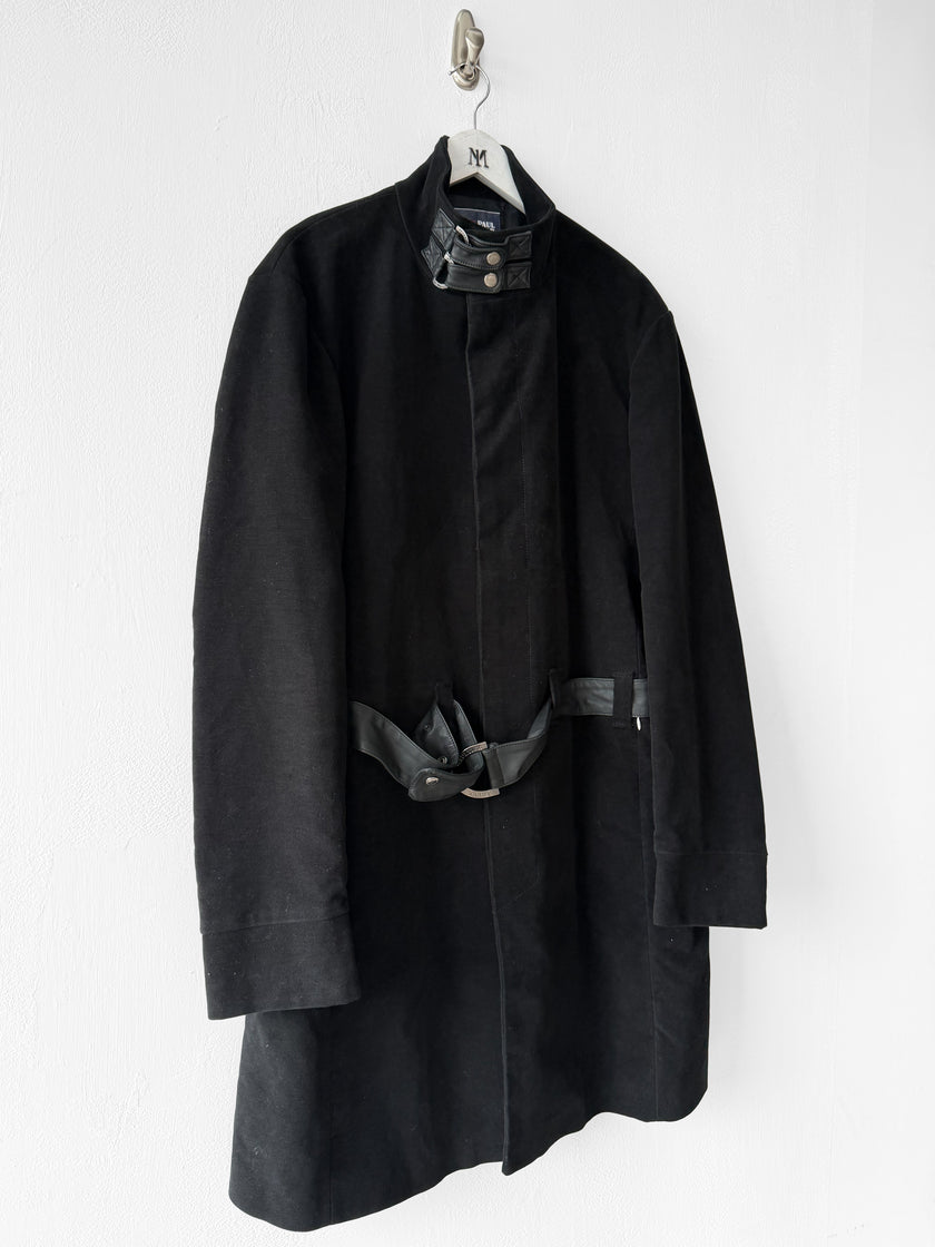 JEAN PAUL GAULTIER - early 2000s VELVET COAT WITH LEATHER STRAP AT COLLAR AND BELTED WAIST