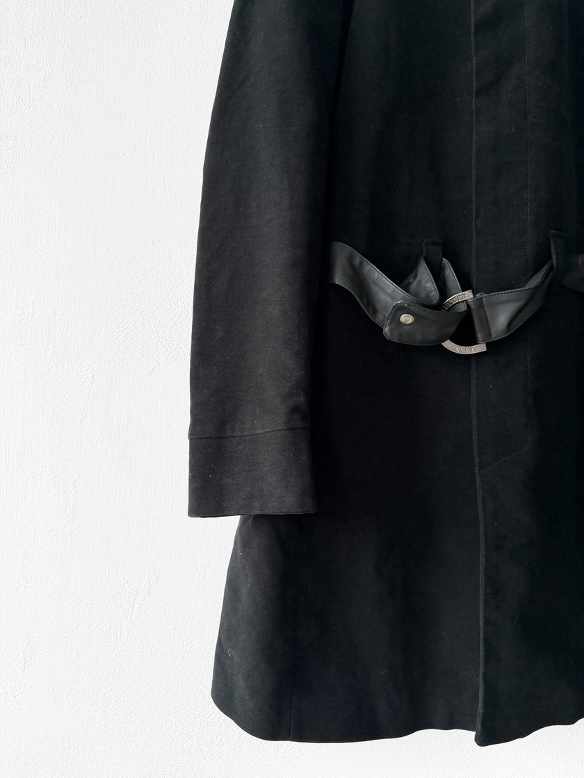 JEAN PAUL GAULTIER - early 2000s VELVET COAT WITH LEATHER STRAP AT COLLAR AND BELTED WAIST