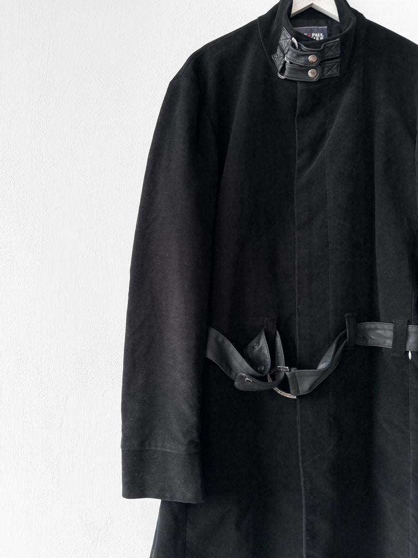 JEAN PAUL GAULTIER - early 2000s VELVET COAT WITH LEATHER STRAP AT COLLAR AND BELTED WAIST