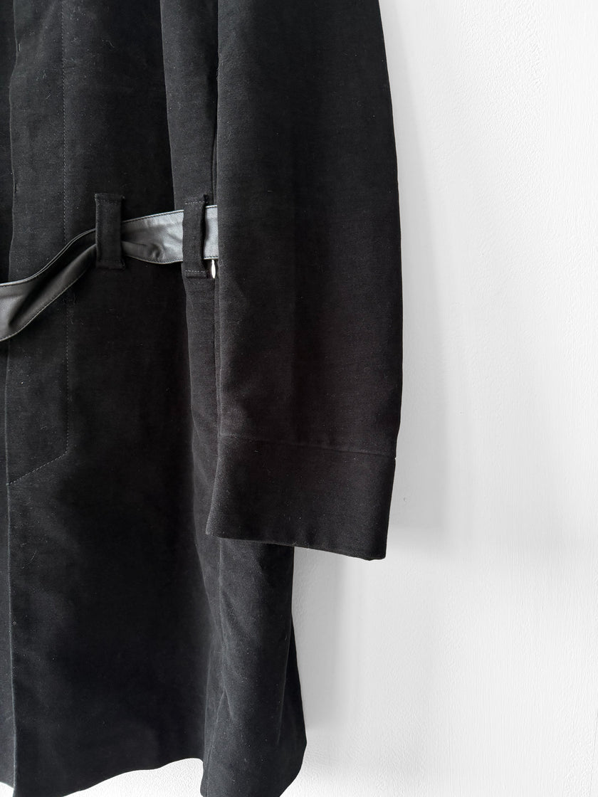JEAN PAUL GAULTIER - early 2000s VELVET COAT WITH LEATHER STRAP AT COLLAR AND BELTED WAIST