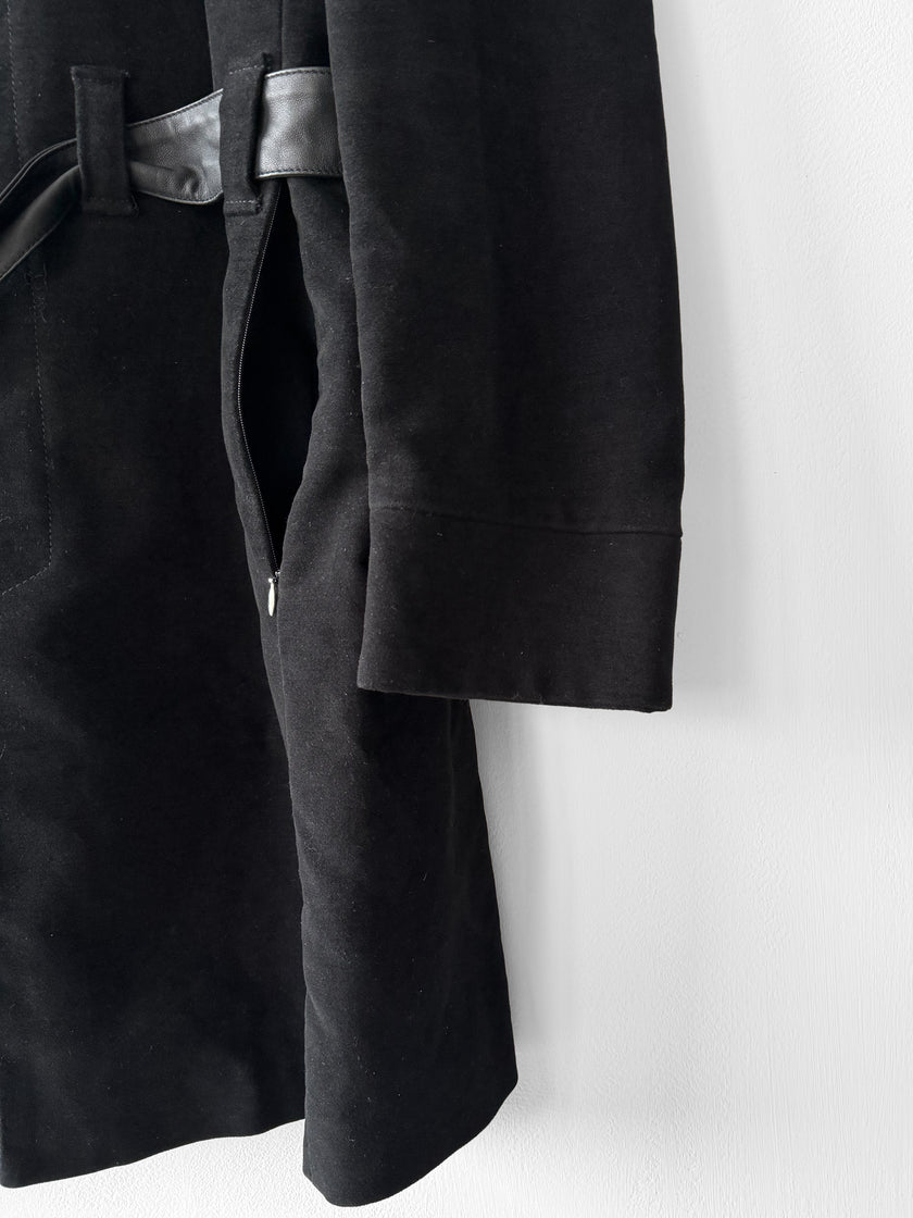 JEAN PAUL GAULTIER - early 2000s VELVET COAT WITH LEATHER STRAP AT COLLAR AND BELTED WAIST