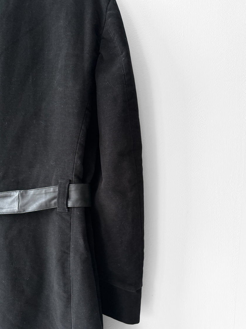 JEAN PAUL GAULTIER - early 2000s VELVET COAT WITH LEATHER STRAP AT COLLAR AND BELTED WAIST