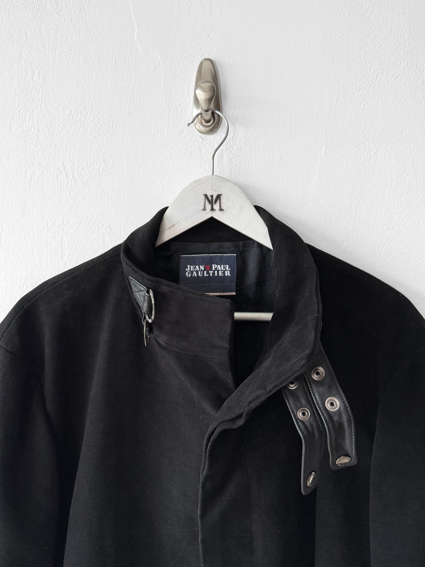 JEAN PAUL GAULTIER - early 2000s VELVET COAT WITH LEATHER STRAP AT COLLAR AND BELTED WAIST