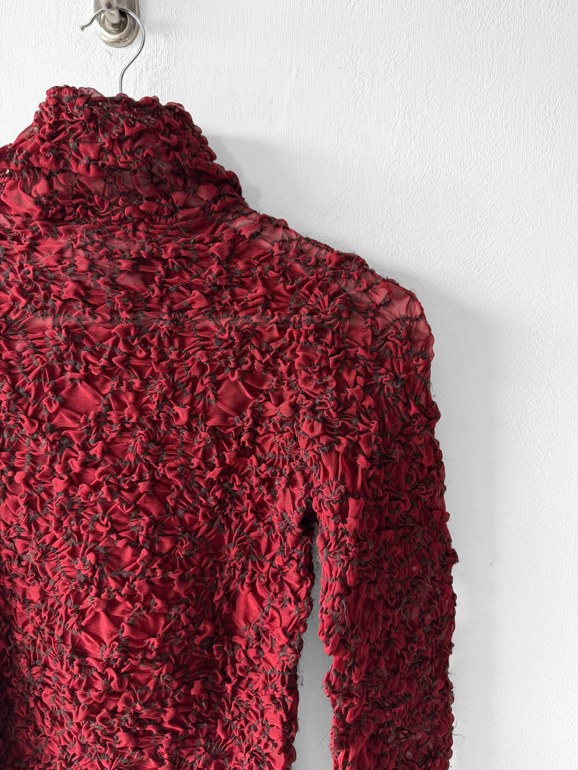 FRENCH LABEL 1990s SCULPTURAL RUCHED SHEER LONG SLEEVE TOP