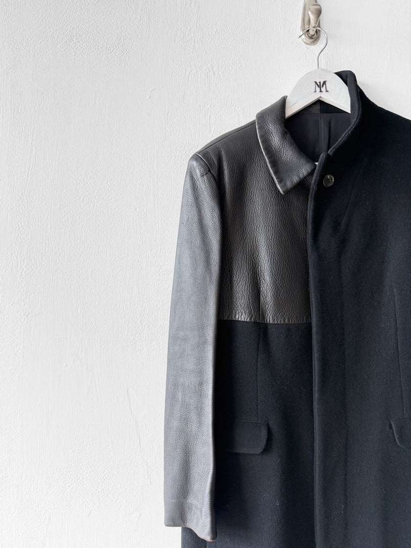 YOHJI YAMAMOTO - F/W 2002 PANELLED CASHMERE BLEND COAT WITH CONTRASTING LEATHER PANELS
