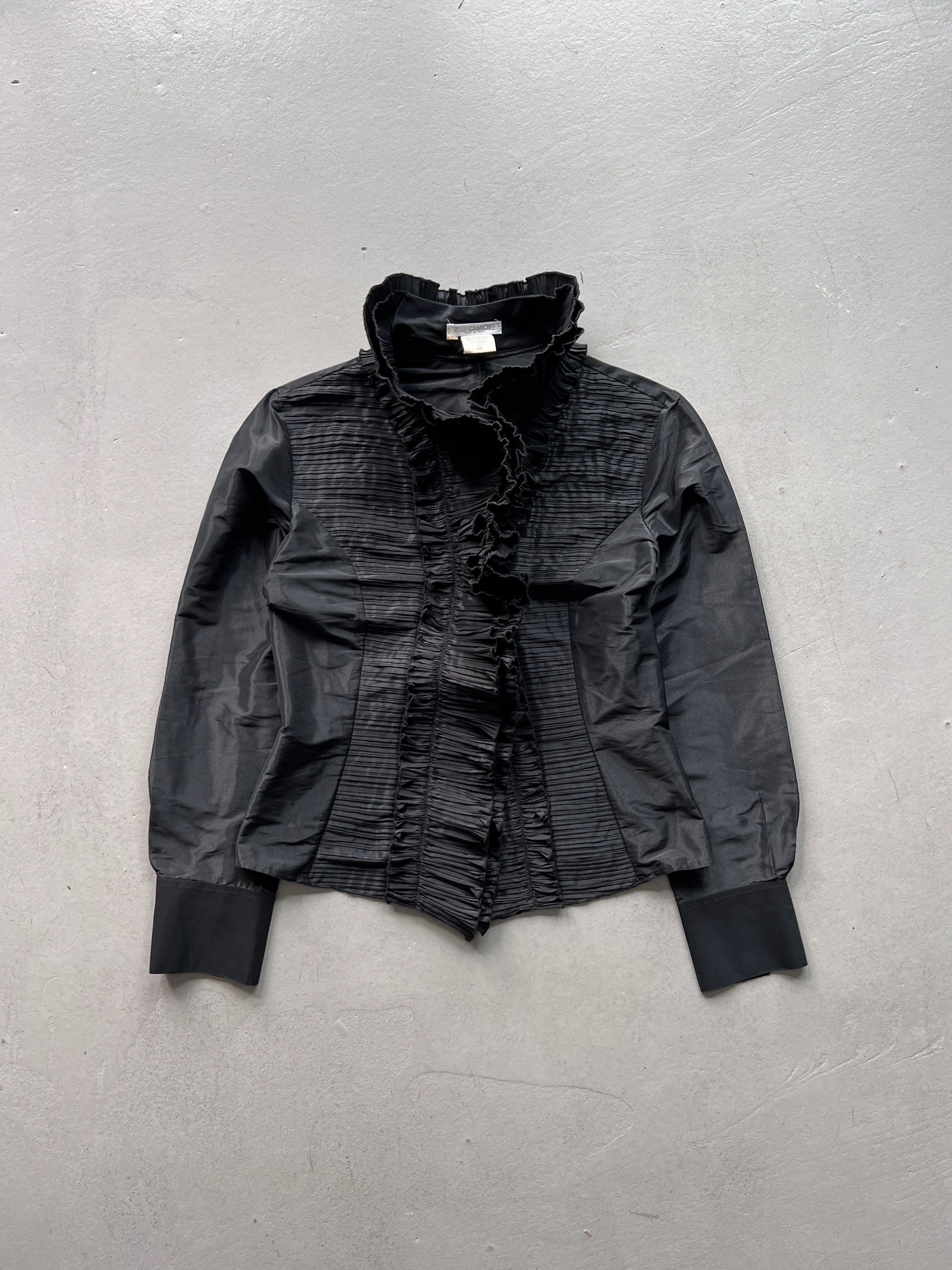 1980s BLACK PLEATED RUFFLED HIGH-COLLAR SHIRT