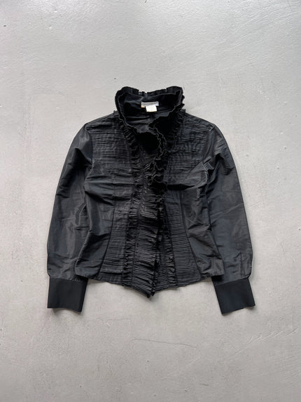 1980s BLACK PLEATED RUFFLED HIGH-COLLAR SHIRT