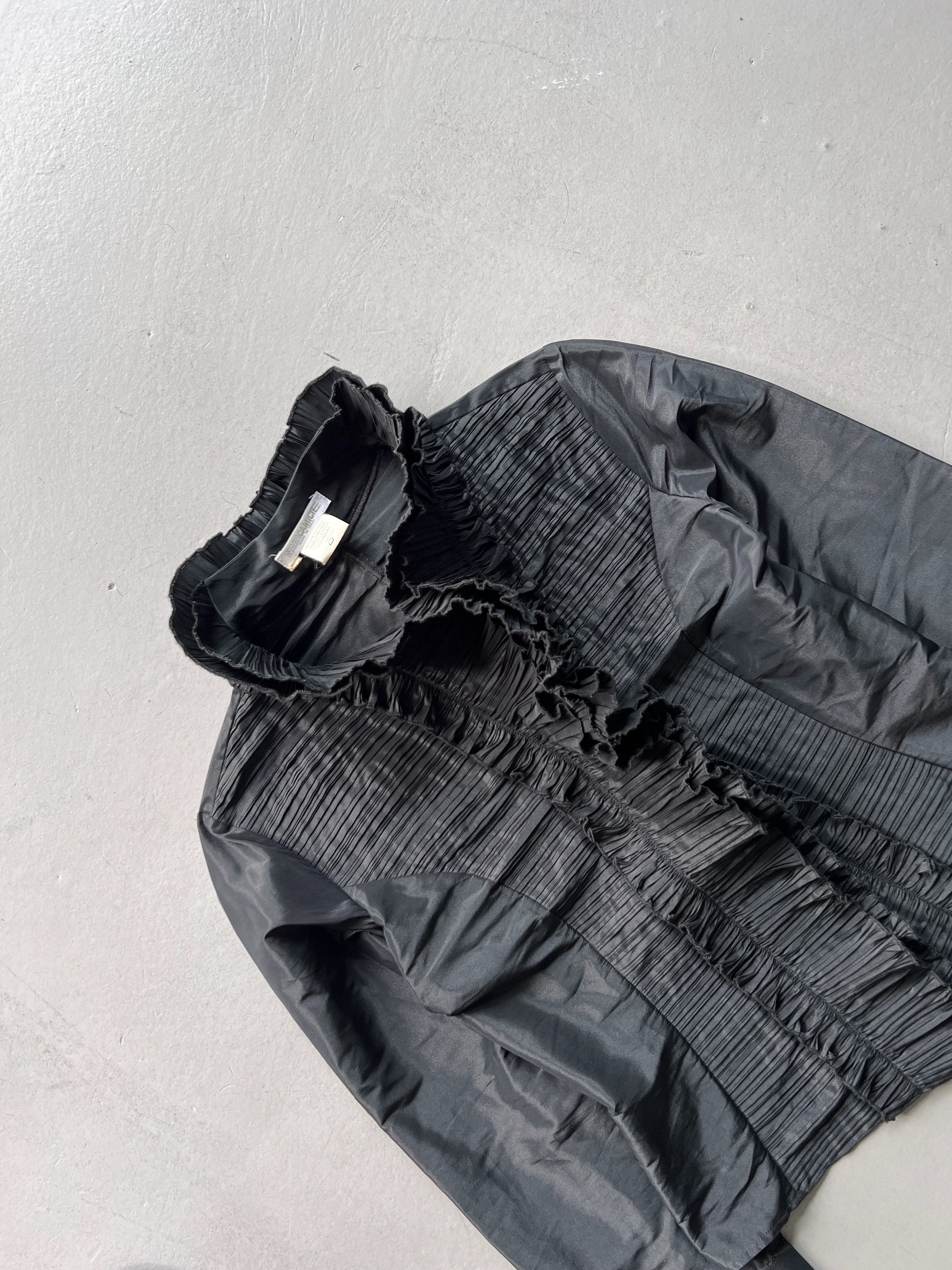 1980s BLACK PLEATED RUFFLED HIGH-COLLAR SHIRT