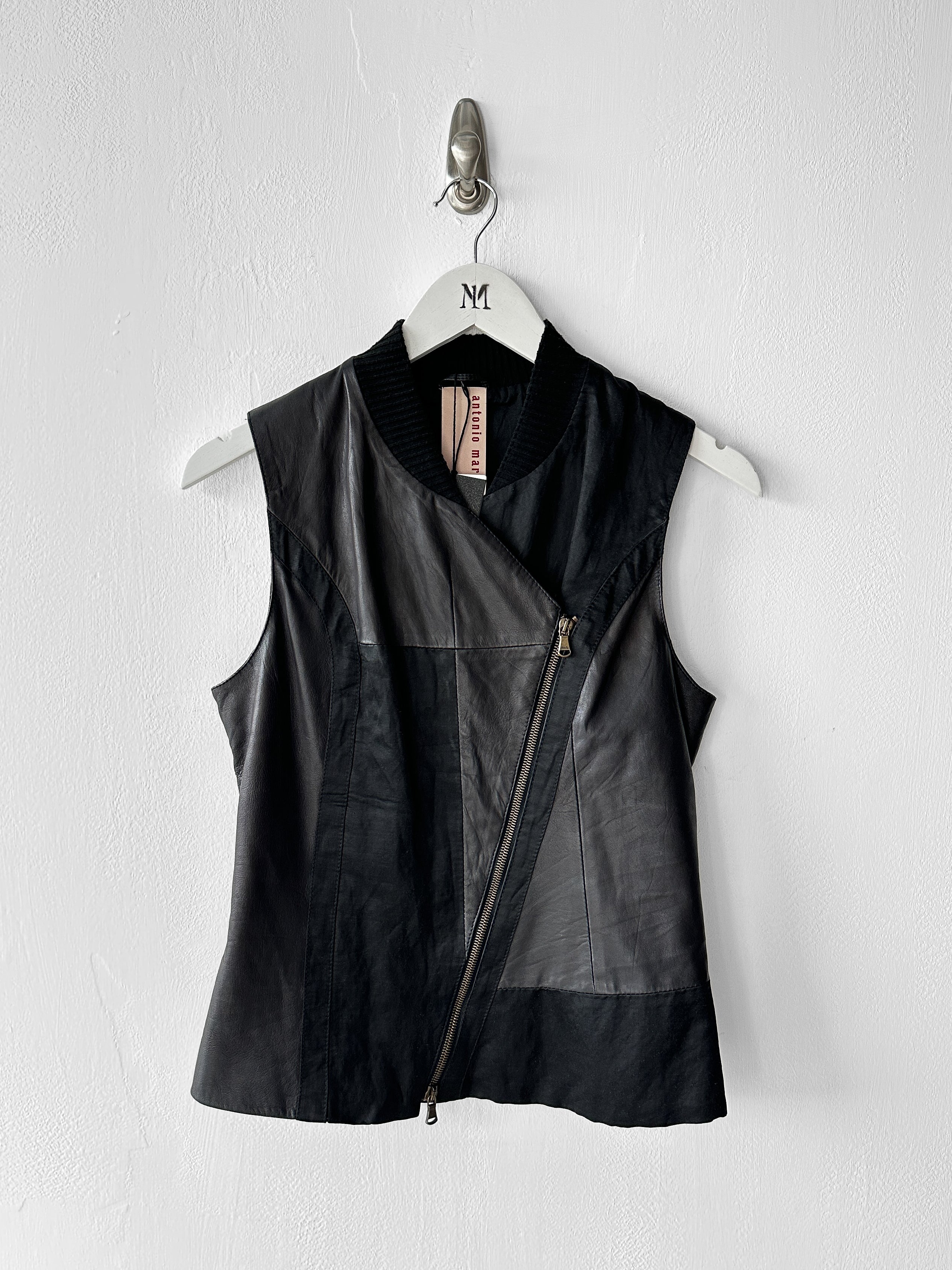 ANTONIO MARRAS - early 2000s ASYMMETRIC LEATHER VEST WITH CONTRASTING SATIN PANELS