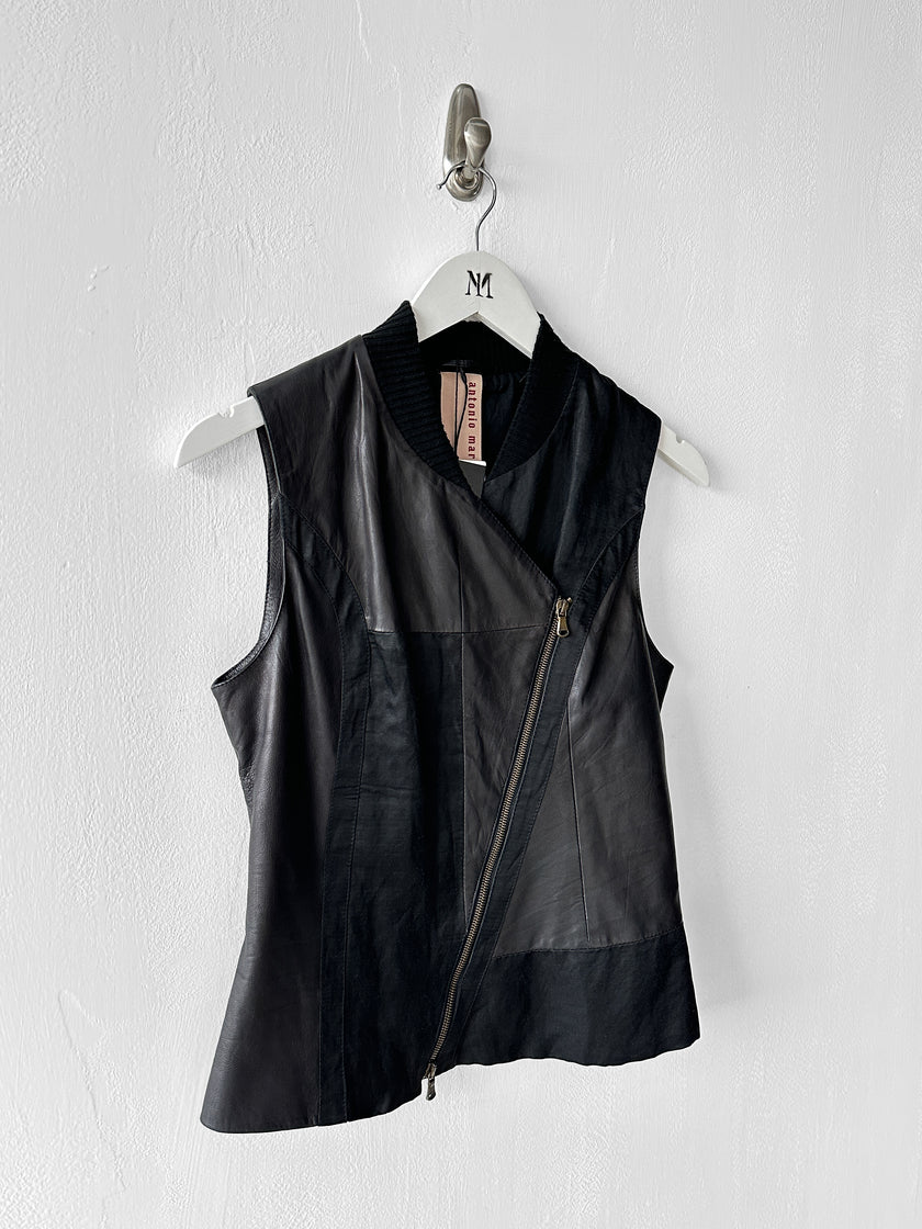 ANTONIO MARRAS - early 2000s ASYMMETRIC LEATHER VEST WITH CONTRASTING SATIN PANELS
